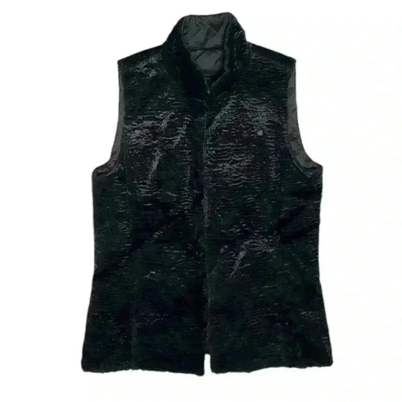 VINTAGE LAUREN RALPH LAUREN Black Faux Fur & Quilted Puffer Reversible Vest Sz S - Picture 1 of 6